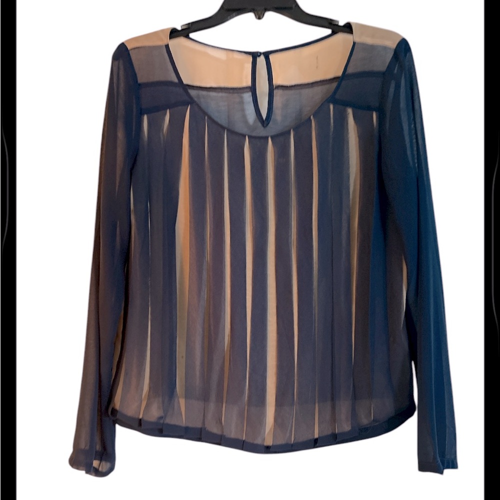 Anthropologie Navy Sheer Pleated Long-Sleeve Blouse